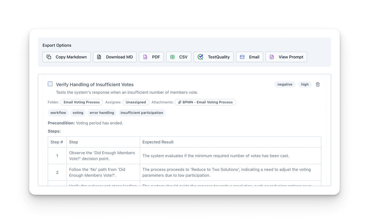 TestStory AI export options to PDF, Markdown, CSV, and test management platforms